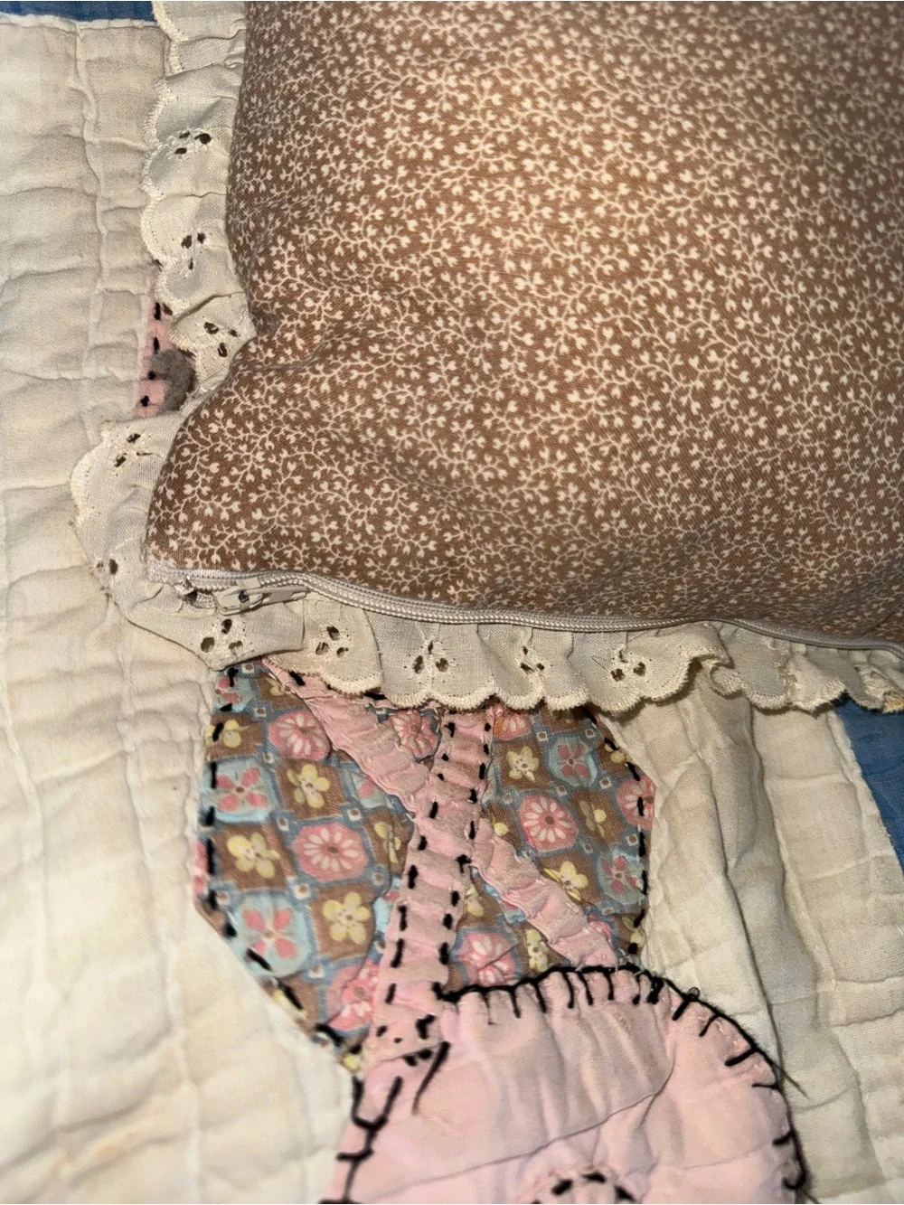 Vintage painted and quilted cottagecore throw pillow